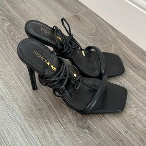Fashion Nova Black Lace Up Mule Heels | Square Toe Strappy Heels